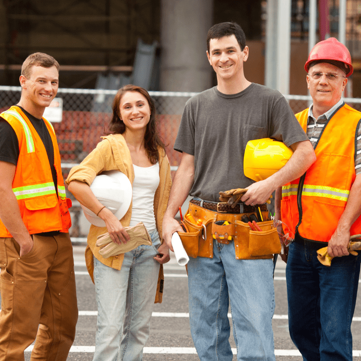 Quatre ouvriers du bâtiment portant des gilets de sécurité et des casques de protection se tiennent ensemble en plein air et sourient à la caméra. L'un d'eux tient des plans et l'autre un casque blanc. Un chantier de construction est visible à l'arrière-plan.