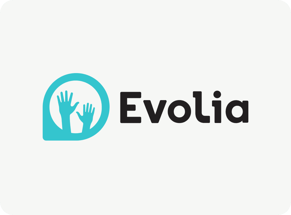 Un logo turquoise avec deux mains levées à l'intérieur d'une forme circulaire à côté du mot « Evolia » en lettres noires en gras sur fond blanc.