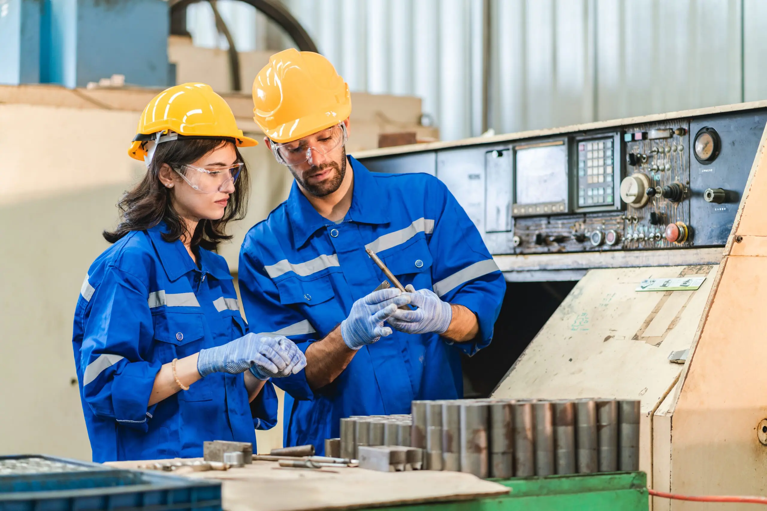Deux ouvriers d'usine en uniformes bleus et casques jaunes examinent ensemble une pièce métallique devant des machines industrielles, entourées de composants métalliques, à l'intérieur d'une usine de fabrication.