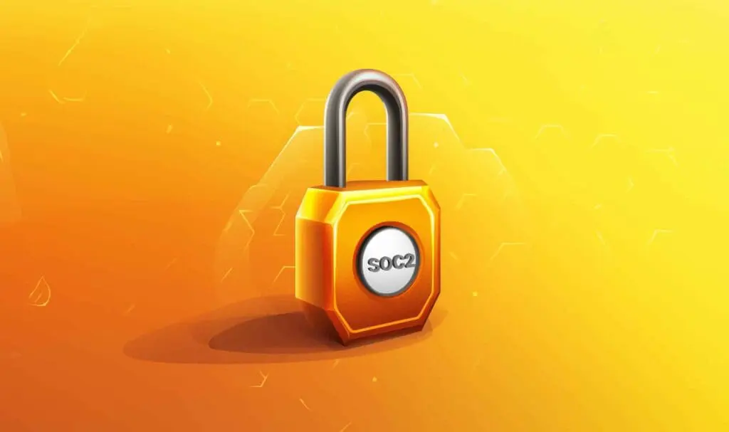 Un cadenas orange 3D avec « SOC 2 » écrit en son centre se dresse sur un fond dégradé jaune vif et orange avec des motifs hexagonaux subtils.