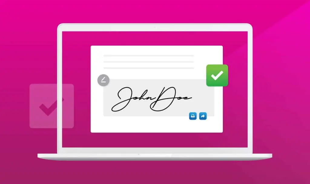 Illustration d'un écran d'ordinateur portable affichant un document numérique avec une signature cursive, une icône d'horloge, une coche verte et deux icônes de médias sociaux bleues, le tout sur un fond rose.