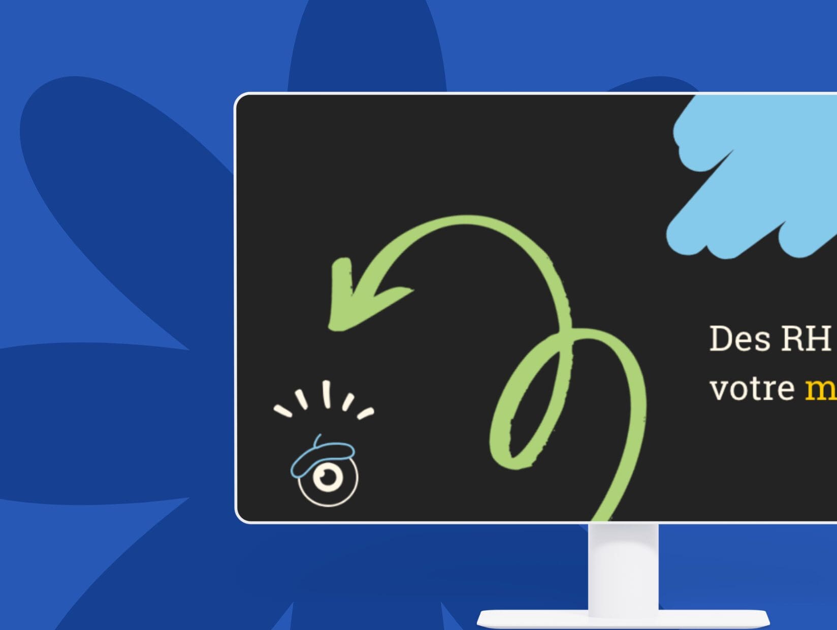 A computer monitor on a blue background displays a black screen with a green squiggly arrow, a small spiral icon, and partial French text: