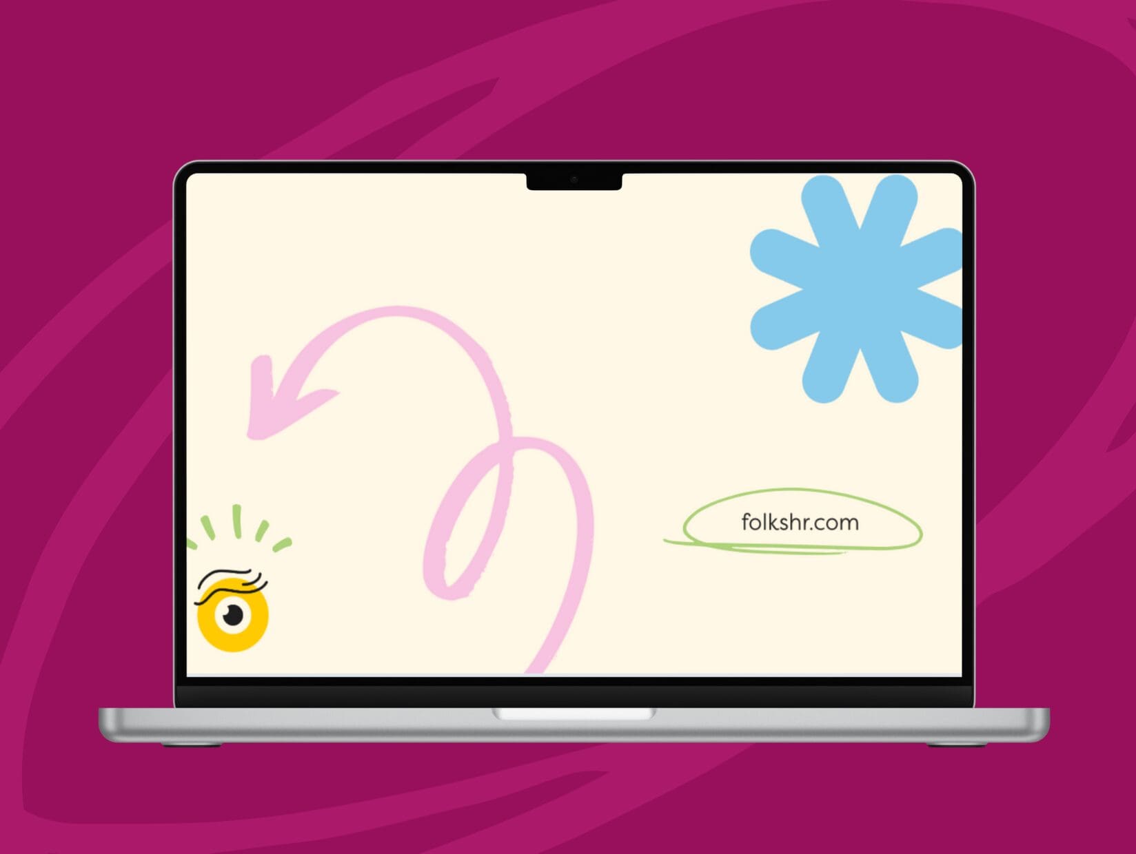 A laptop screen displays abstract art, including a pink squiggly arrow, a blue asterisk-like shape, a yellow face with a green eyebrow, and the text