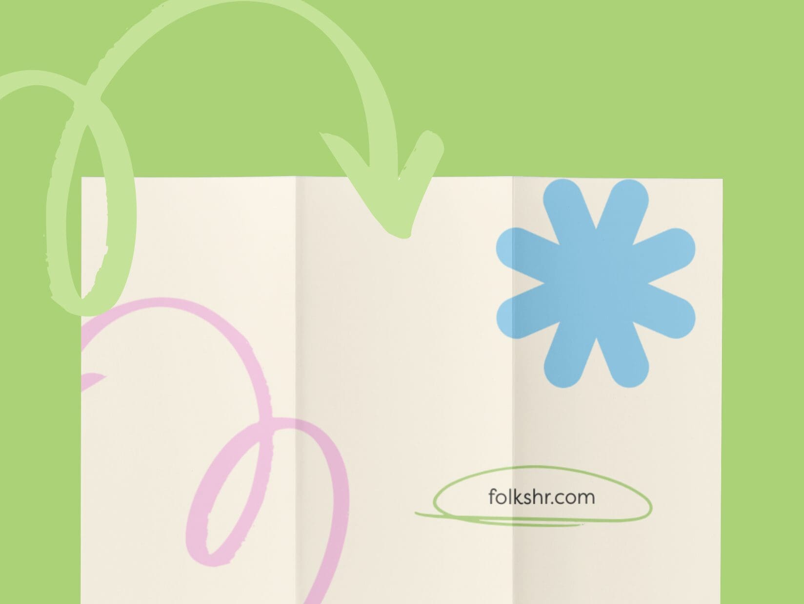 A folded white paper with a blue asterisk shape, pastel green and pink arrows, and