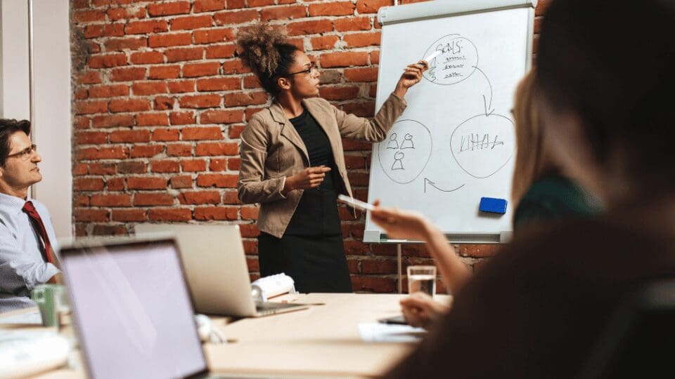 employés en formation devant un tableau