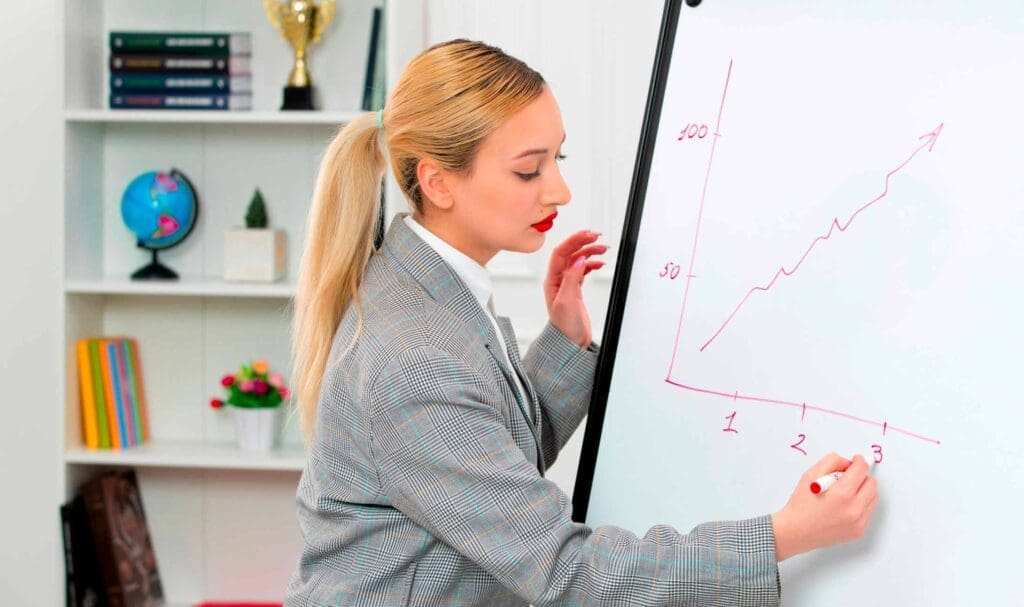 Dans un bureau, une femme en blazer gris dessine un graphique linéaire à la hausse sur un tableau blanc, indiquant une croissance. Des livres, un trophée et un globe terrestre sont visibles sur des étagères en arrière-plan.