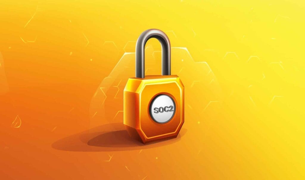 Un cadenas orange 3D avec « SOC 2 » écrit en son centre se dresse sur un fond dégradé jaune vif et orange avec des motifs hexagonaux subtils.