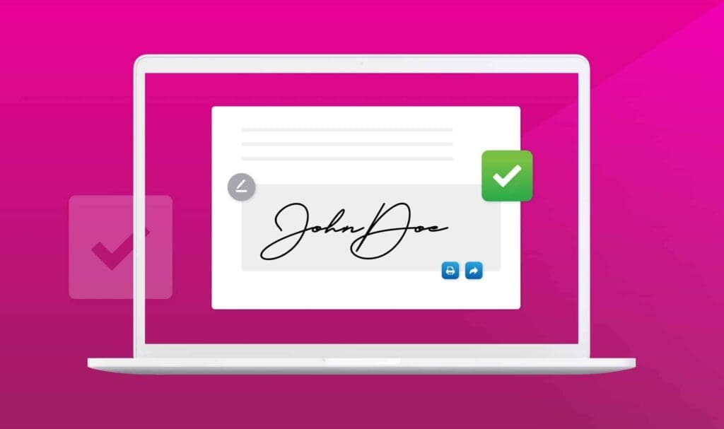 Illustration d'un écran d'ordinateur portable affichant un document numérique avec une signature cursive, une icône d'horloge, une coche verte et deux icônes de médias sociaux bleues, le tout sur un fond rose.