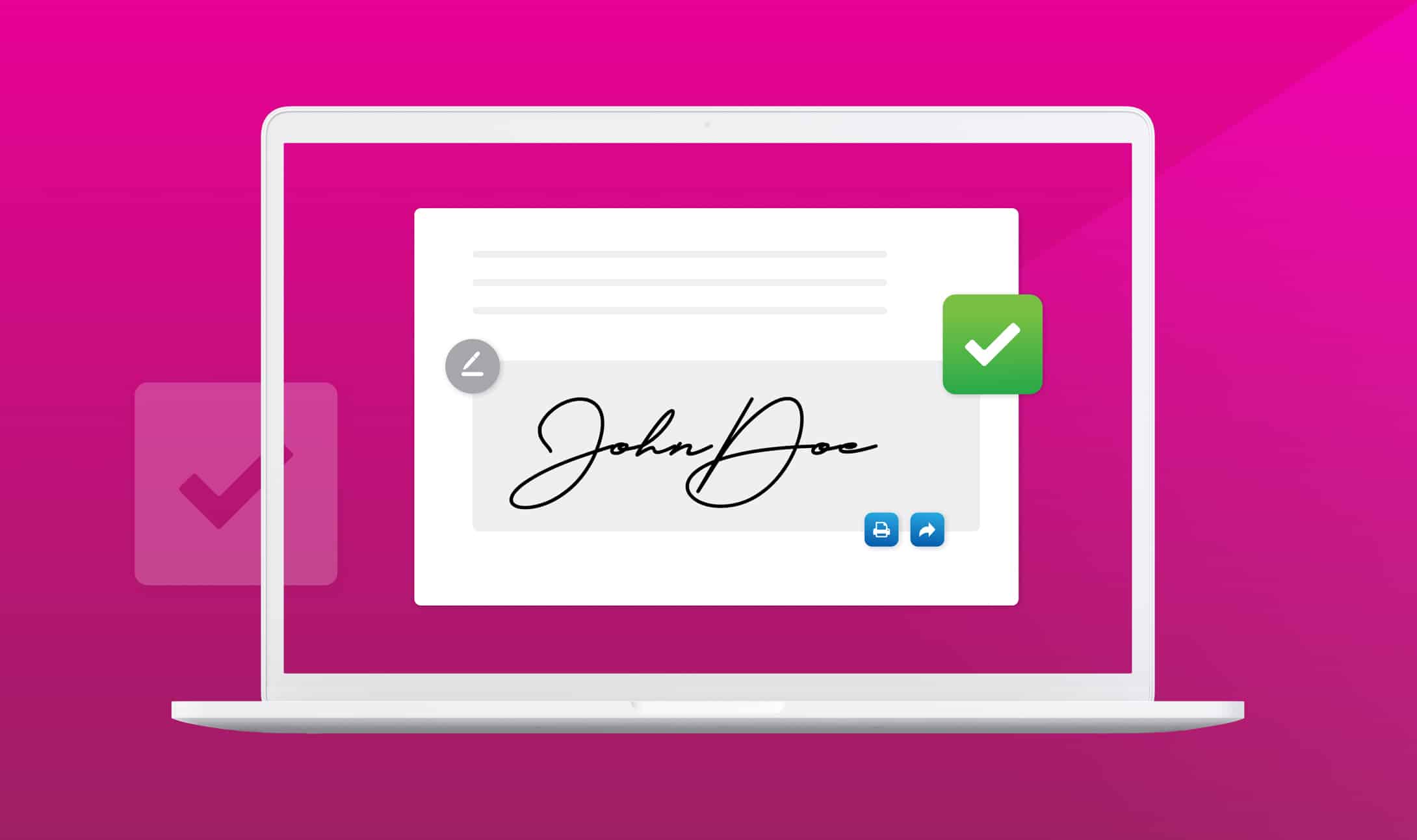 Illustration d'un écran d'ordinateur portable affichant un document numérique avec une signature cursive, une icône d'horloge, une coche verte et deux icônes de médias sociaux bleues, le tout sur un fond rose.