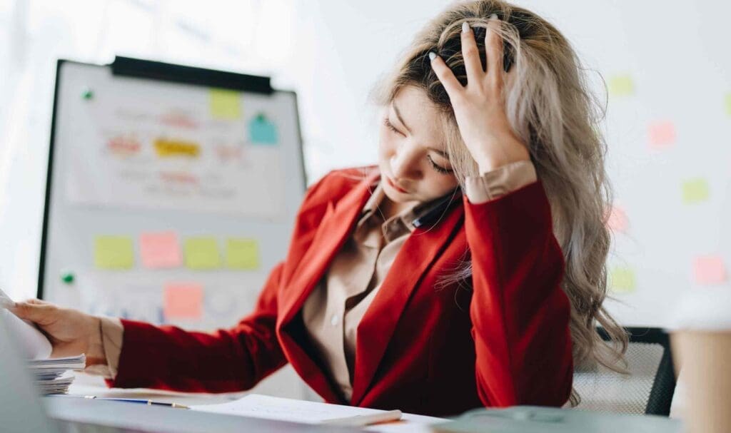 Une femme vêtue d'un blazer rouge est assise à un bureau, l'air stressée, la main dans les cheveux, parlant au téléphone et entourée de paperasse, avec un tableau blanc recouvert de notes autocollantes en arrière-plan.