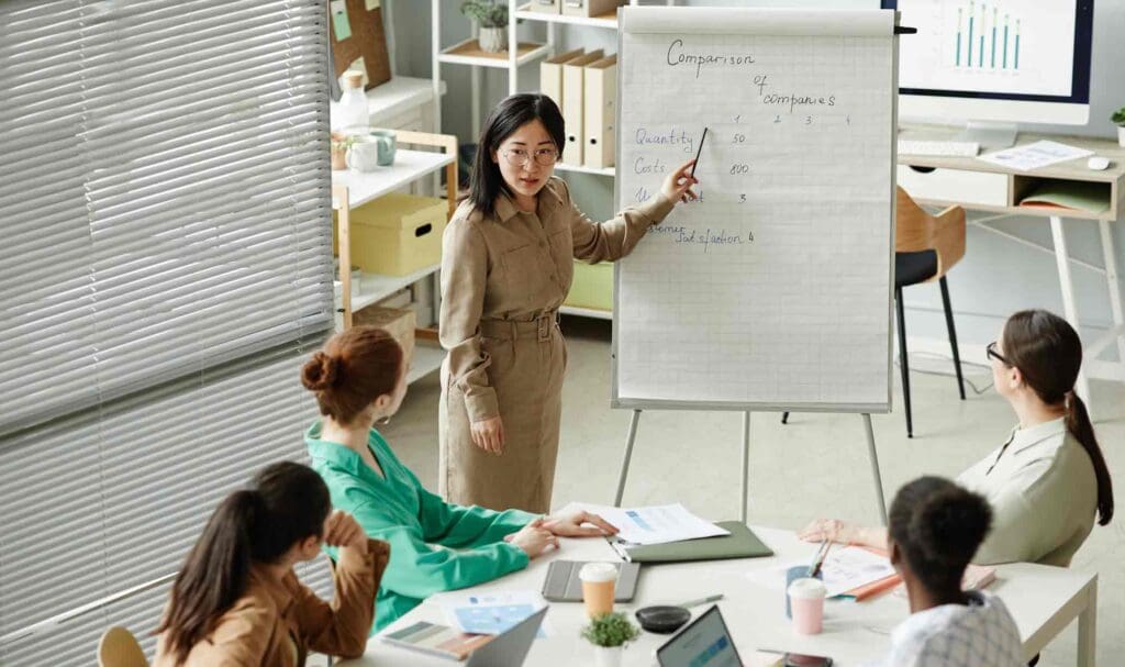 Une femme se tient debout devant un tableau de conférence et fait une présentation à trois collègues assis dans un bureau. Elle pointe des données de comparaison sur le tableau pendant que les autres écoutent et prennent des notes.