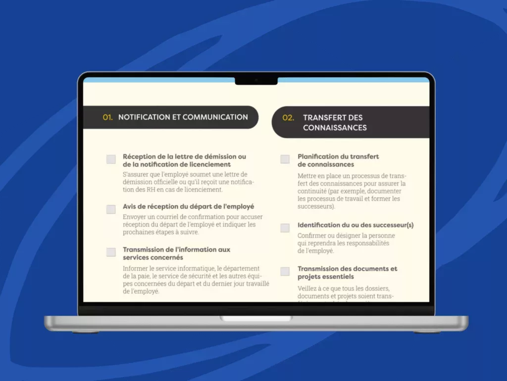 L'écran d'un ordinateur portable affiche une liste de contrôle en français avec deux sections :