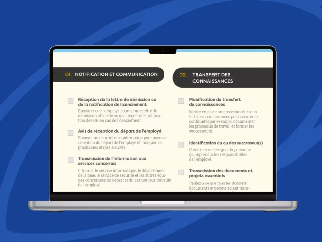 L'écran d'un ordinateur portable affiche une liste de contrôle en français avec deux sections :