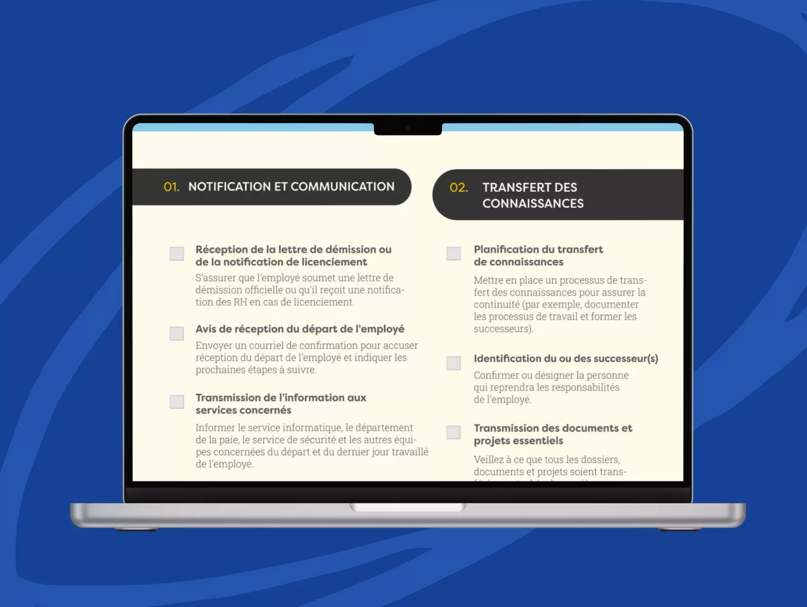L'écran d'un ordinateur portable affiche une liste de contrôle en français avec deux sections : 