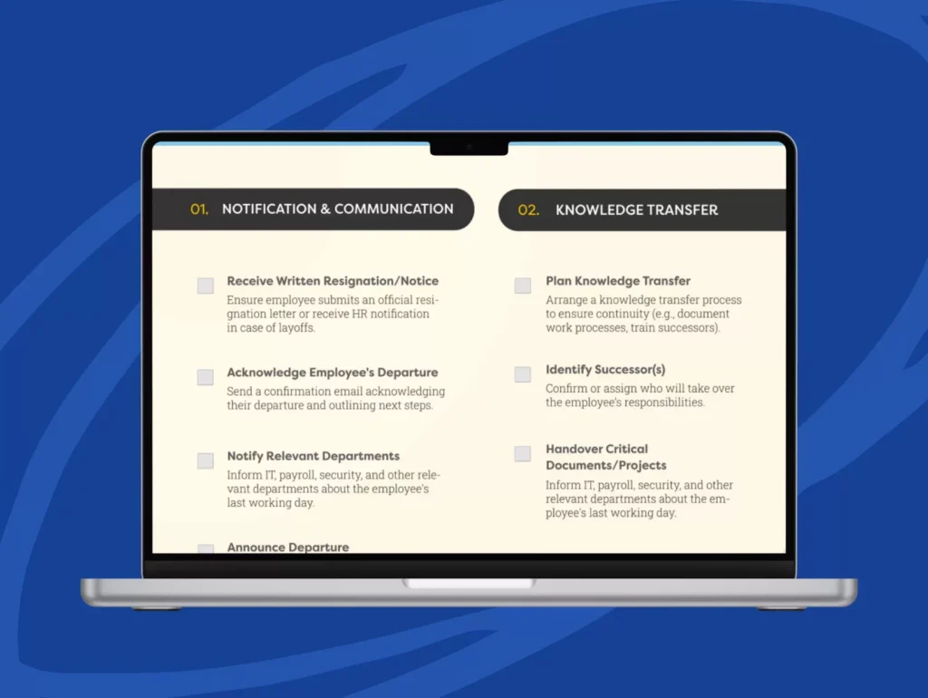 A laptop screen displays an employee offboarding checklist with sections for Notification & Communication and Knowledge Transfer on a blue background with abstract patterns.