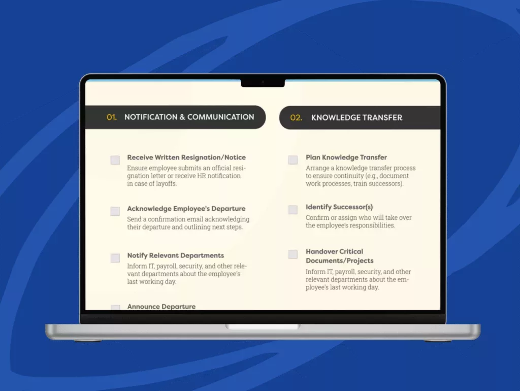 A laptop screen displays an employee offboarding checklist with sections for Notification & Communication and Knowledge Transfer on a blue background with abstract patterns.