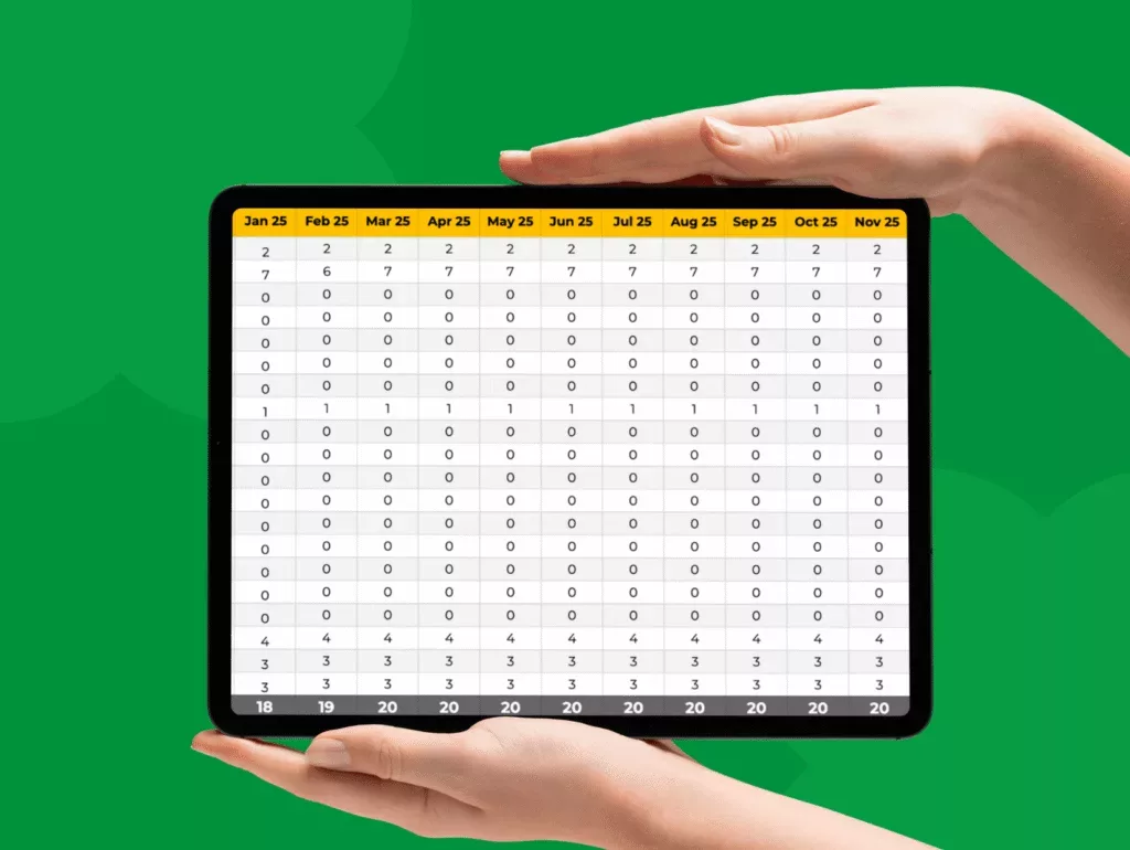 Une personne tient une tablette affichant un graphique avec les mois (janvier-novembre) en colonnes et des nombres dans une grille. Le fond est vert. L'en-tête du graphique est jaune et les données sont composées de zéros, de deux et de trois.