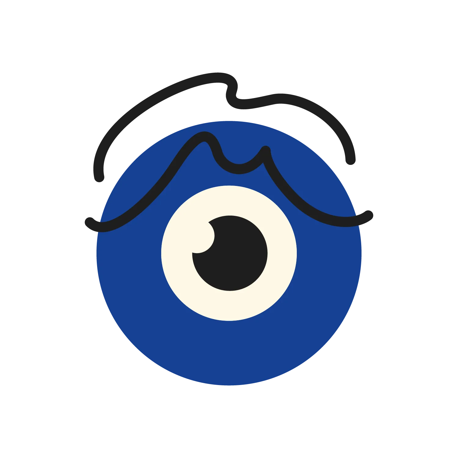 Illustration simple d'un symbole du mauvais œil bleu avec un contour noir gras et une ligne noire sinueuse au-dessus, ressemblant à un sourcil ou à un cheveu, sur un fond blanc.