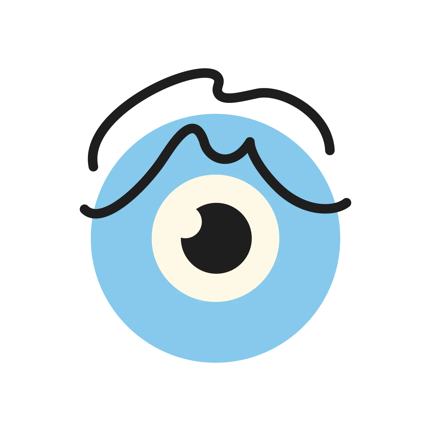 Graphique simple d'un cercle bleu ressemblant à un œil avec une pupille noire et une sclérotique blanche, avec un sourcil noir ondulé et une ligne noire incurvée au-dessus, le tout sur fond blanc.