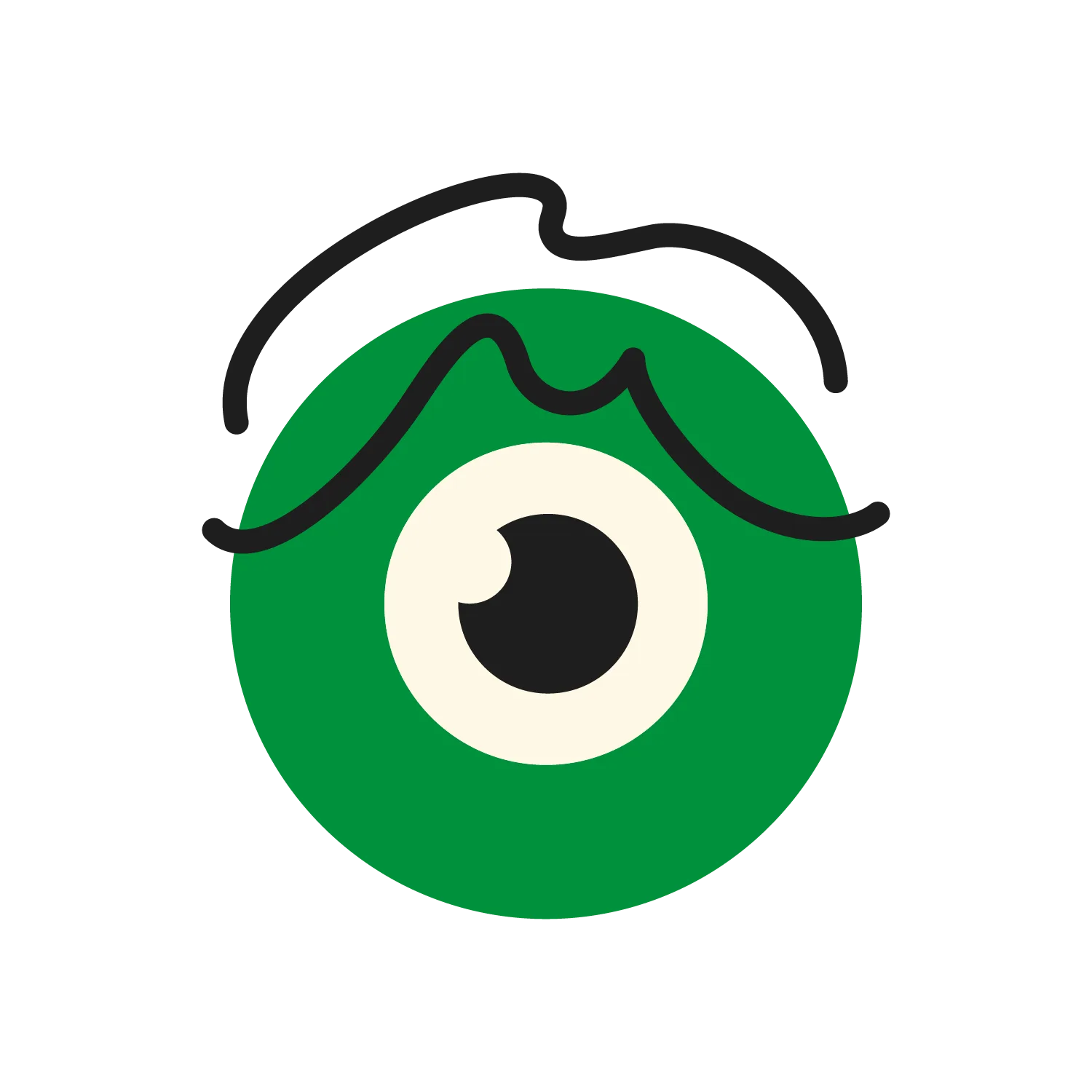 Un globe oculaire vert de dessin animé avec une grande pupille noire et blanche et une ligne noire ondulée au-dessus qui ressemble à un sourcil, le tout sur un fond blanc.