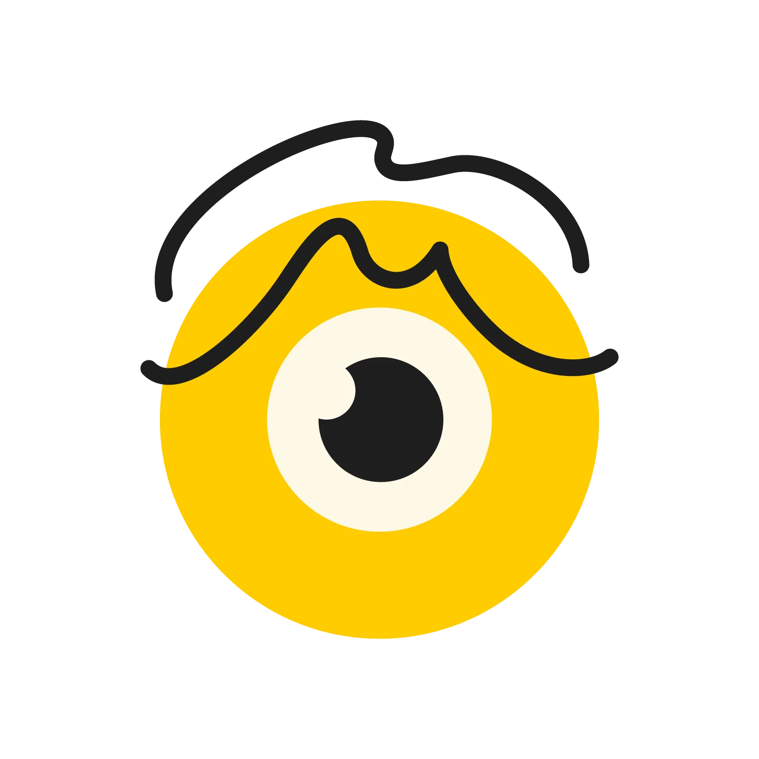 A yellow circle resembling a face with a large single eye and a wavy black line above it, representing a surprised or confused expression. The background is white.