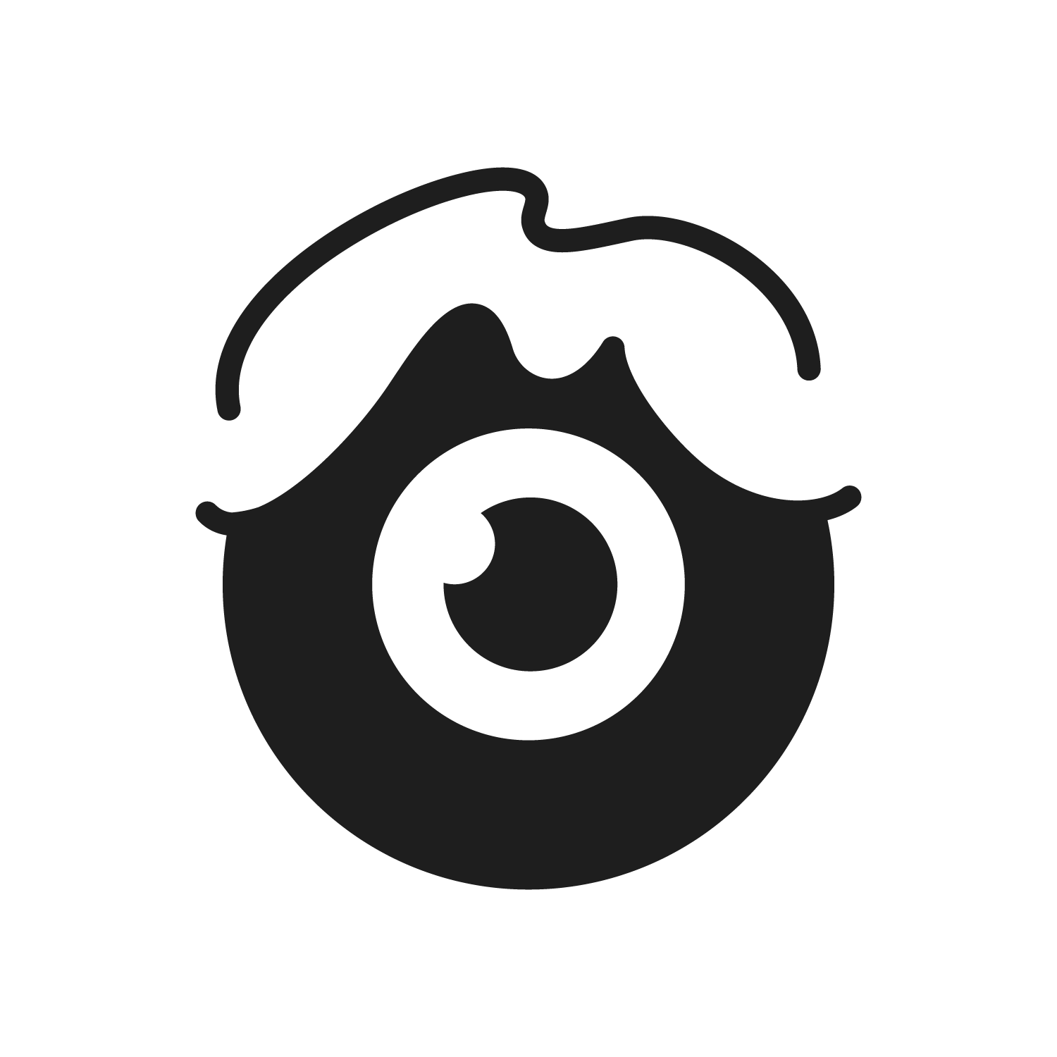 Image pixel art en noir et blanc d'un grand œil unique surmonté d'une ligne ondulée ressemblant à des cheveux ou à du glaçage.