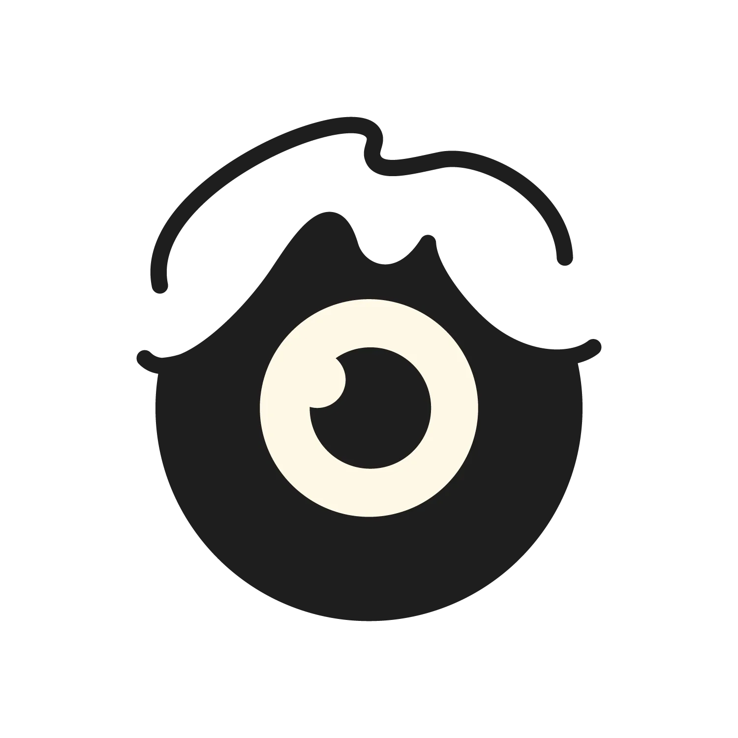 Un simple cercle noir stylisé avec un grand œil de couleur crème au centre et une forme ondulée de couleur crème ressemblant à du glaçage ou à des cheveux, sur un fond blanc.