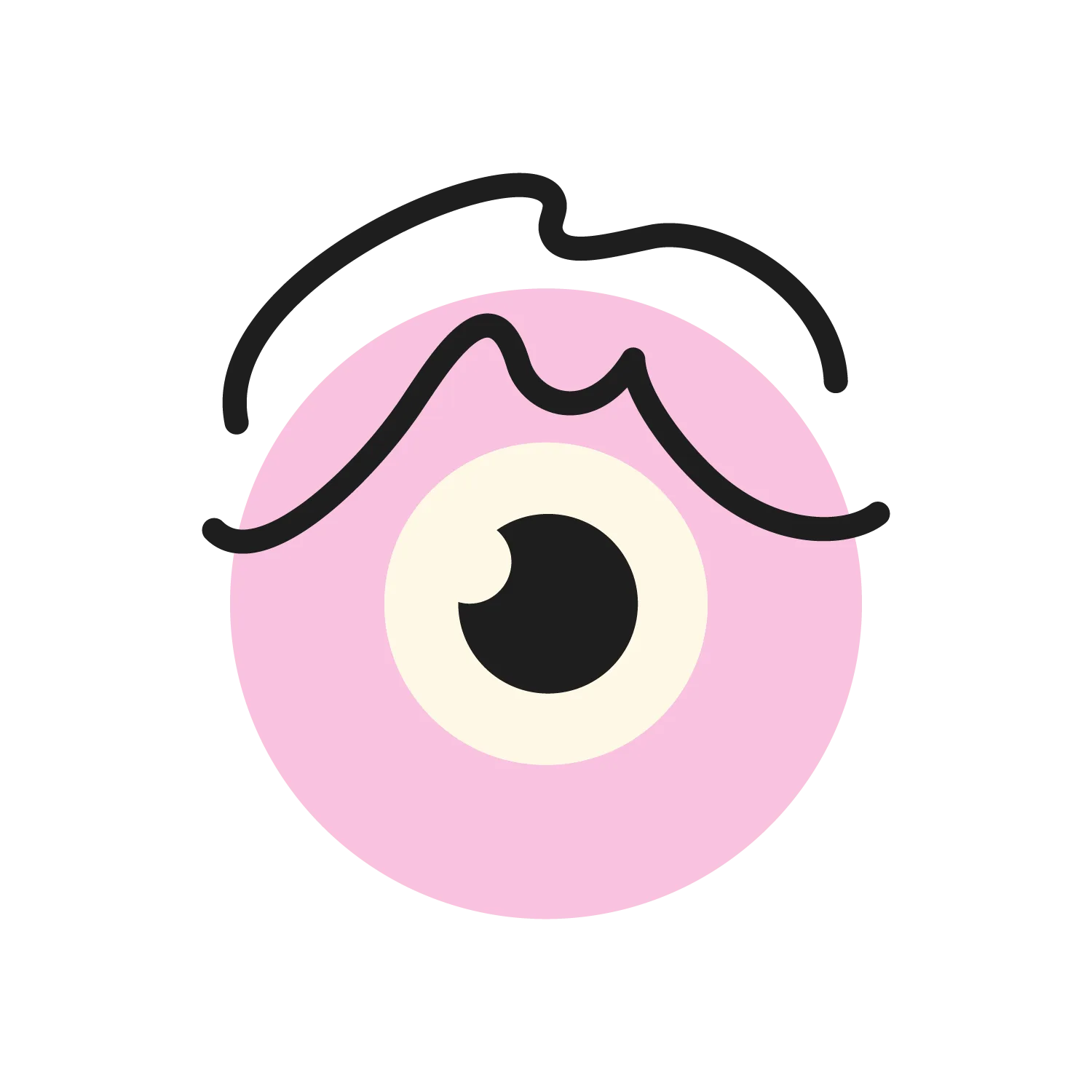 Illustration simple d'un cercle rose avec un grand œil noir et blanc au centre et une ligne noire ondulée au-dessus ressemblant à un sourcil expressif.