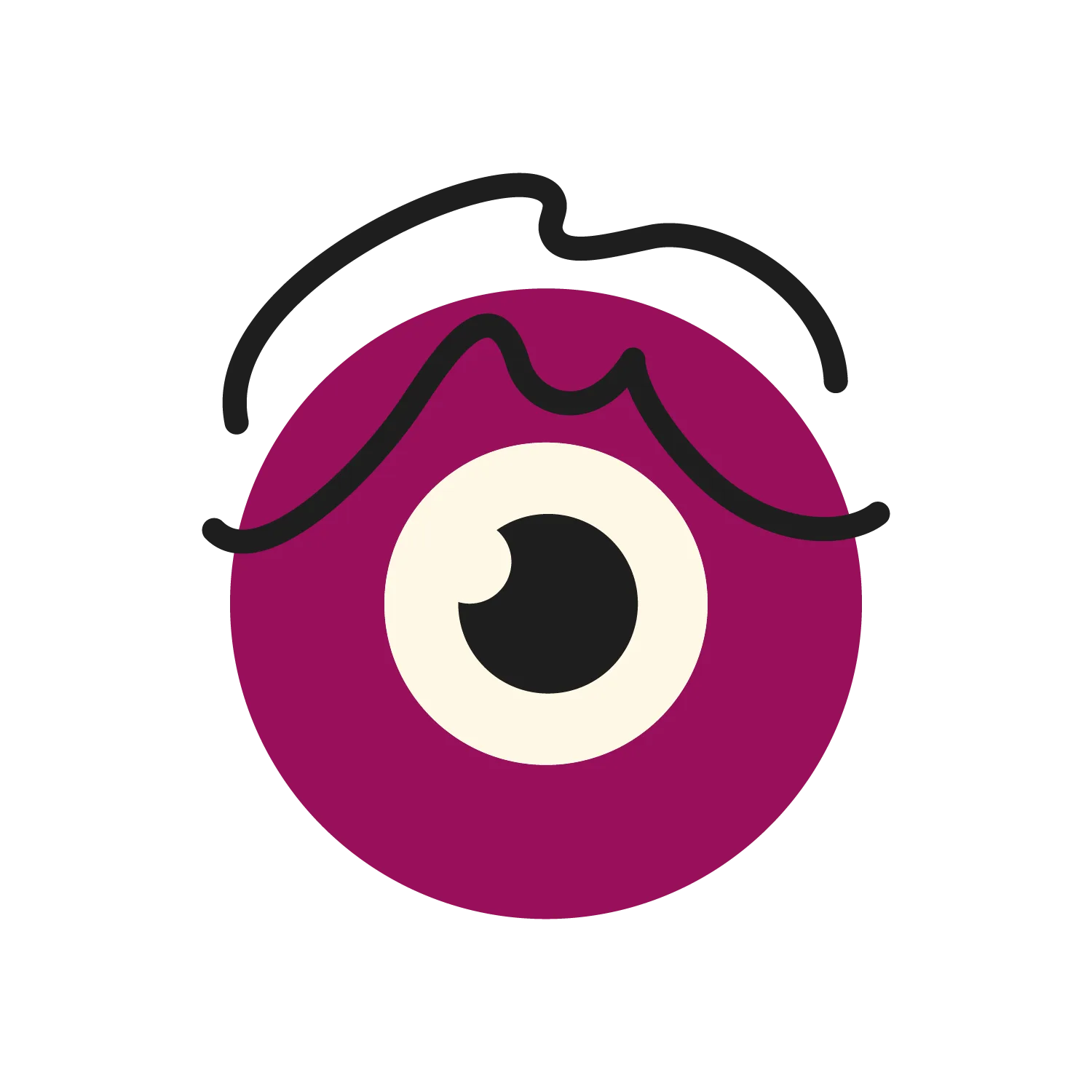 Illustration simple d'un cercle violet avec un grand œil décentré et une ligne noire ondulée au-dessus de celui-ci, ressemblant à une expression faciale surprise ou confuse, sur un fond blanc.