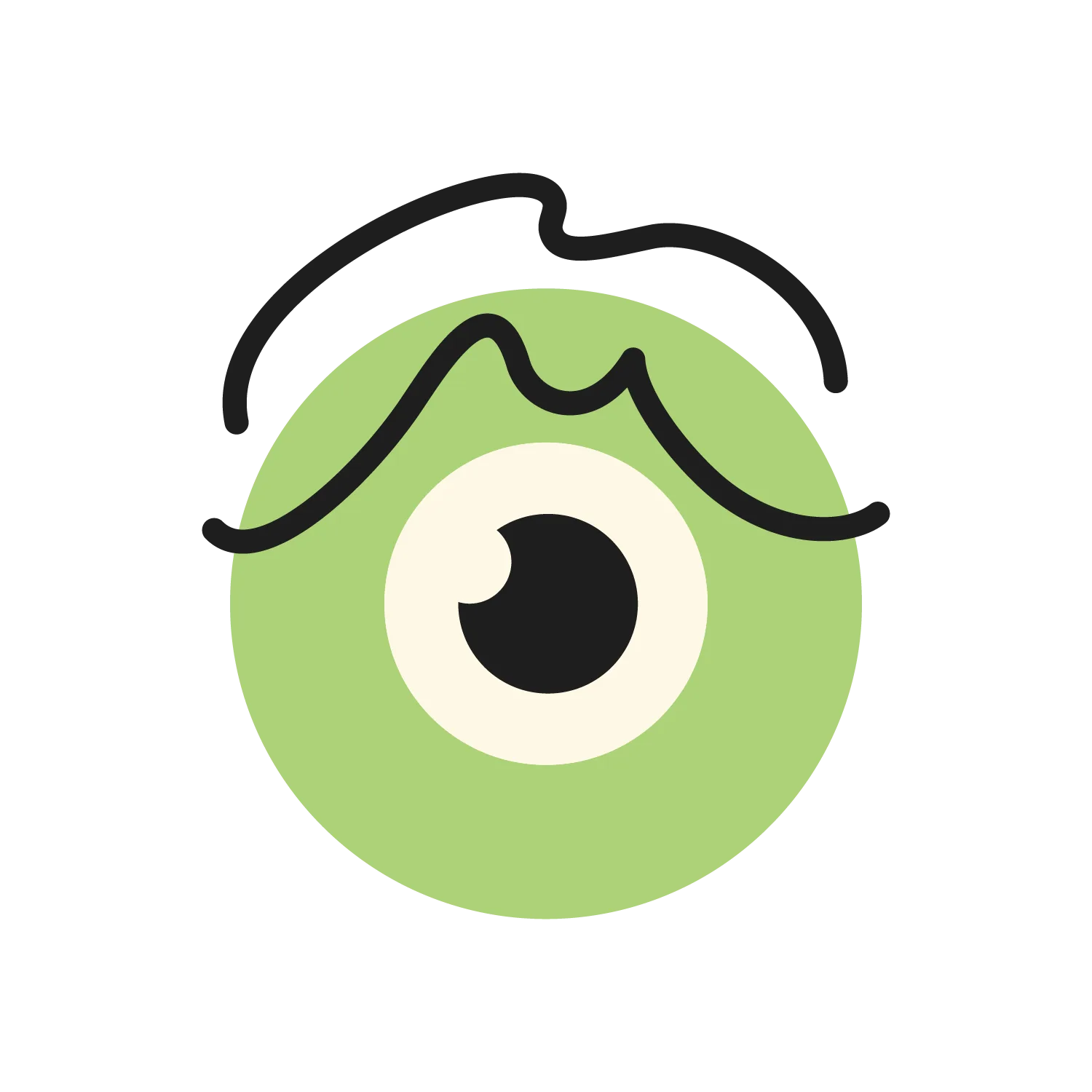 Un cercle vert minimal, de style bande dessinée, avec un grand œil unique au centre et un sourcil noir épais et incurvé au-dessus, sur un fond blanc.